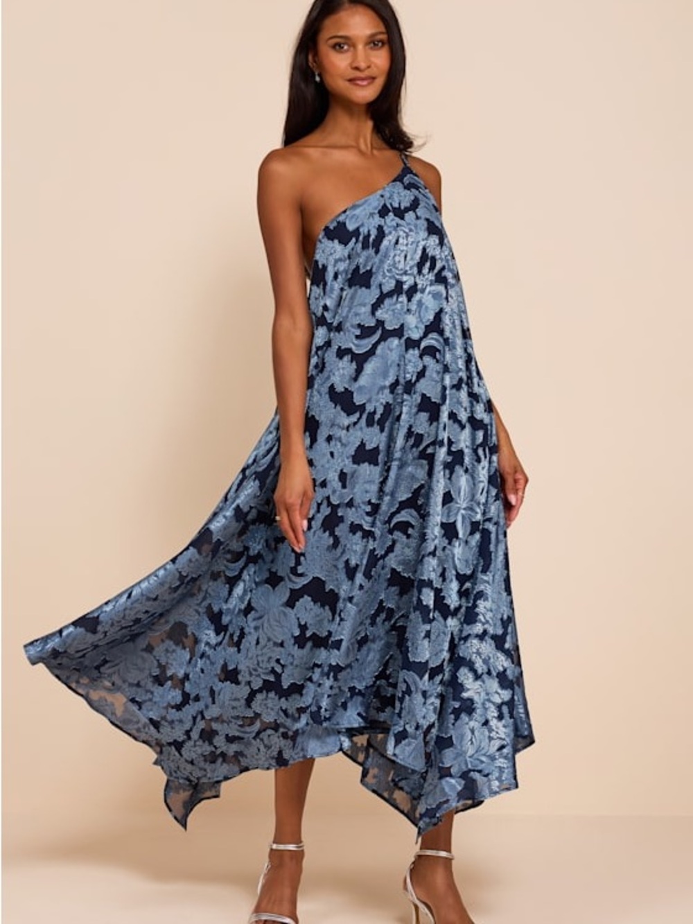 Deja Navy Floral Jacquard One-Shoulder Shift Midi Dress